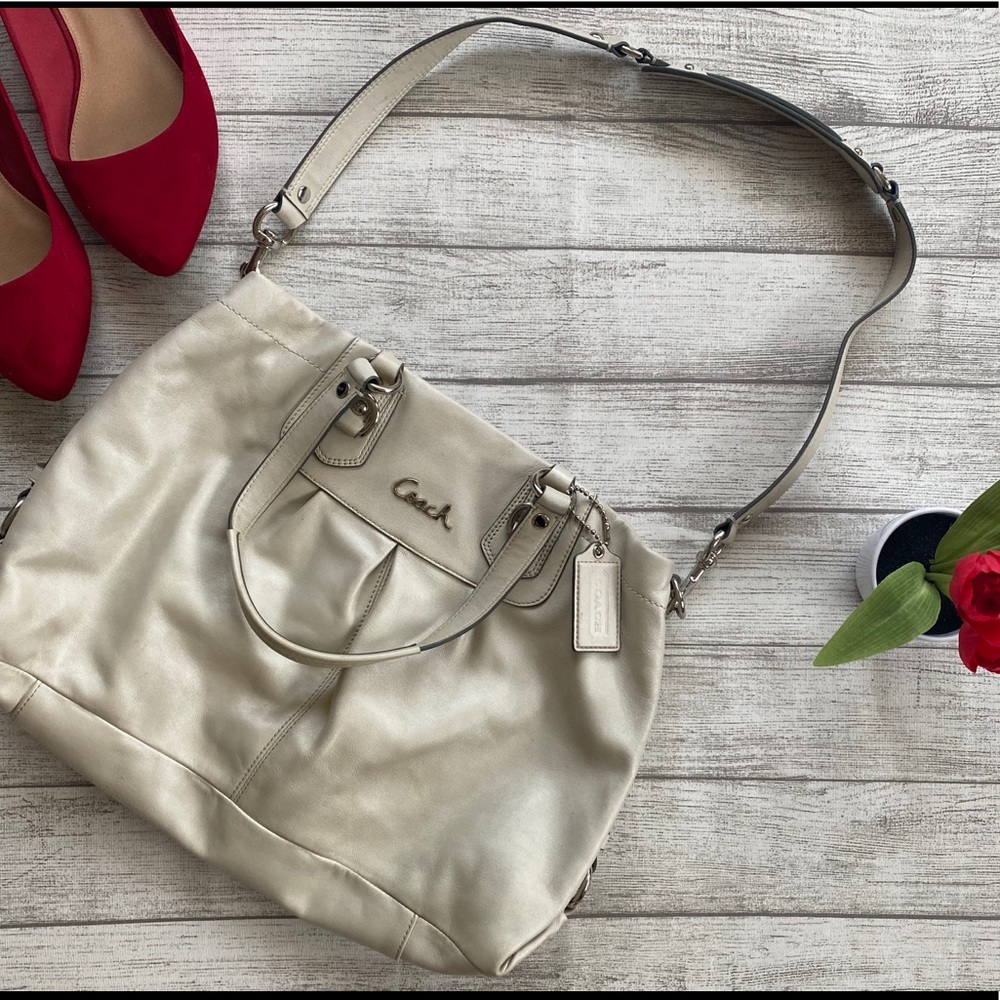 COACH “Ashley” White Leather Pleated Shoulder Bag